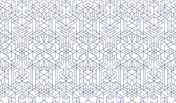 Geometric circuit board pattern, blue linear technology background, abstract digital motherboard texture, seamless electronic line art vector