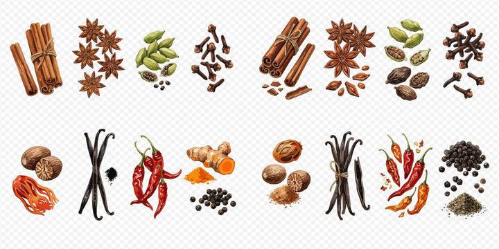 A vibrant collection of aromatic spices including cinnamon, star anise, cardamom, cloves, nutmeg, vanilla, chili, turmeric, and black pepper.