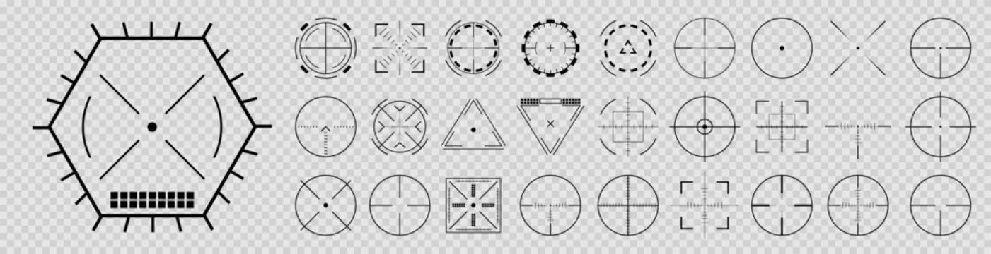 Crosshair black aim hud big set isolated on transparent background. Aiming bullseye signs icons pack. Sniper weapon scope shooting games template. Crosshair military hud red focus. Vector illustration