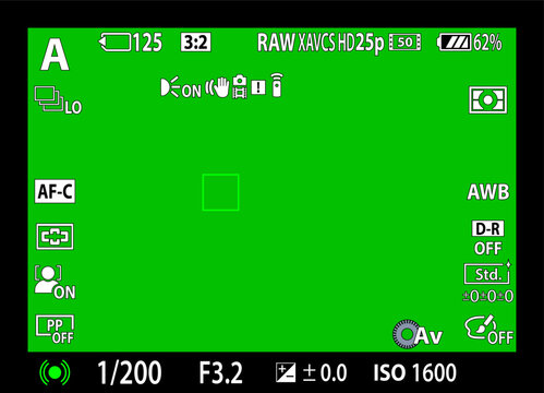 Modern photo of videocamera focusing screen isolated - digital, mirorless, DSLR, cameraphone. Viewfinder camera recording. 8K ready detailed template. Chroma key style isolated. Vector illustration
