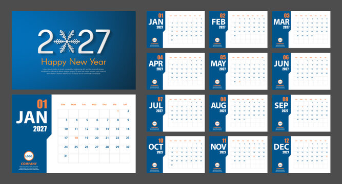 2027 New Year and Christmas snowflake style calendar simple modern style. Blue and orange. Event planner. All size. Vector illustration
