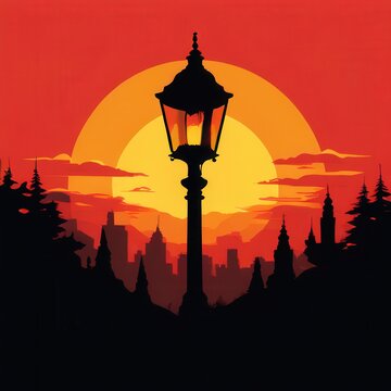 an AI Image Generator, Silhouette of a Streetlamp Against a Dramatic Sunset Skyline