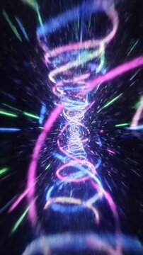 Vibrant neon light painting streaks creating a chaotic energy tunnel for electronic music visuals