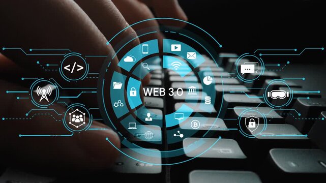 Digital Interface Representing Web 3.0 Innovations with Virtual Connections, Technology Icons, and Modern User Engagement on a Keyboard Background. Entropy.