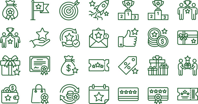 Business Rewards & Loyalty Program Line Icons Set | Vector Achievement Outline Symbols