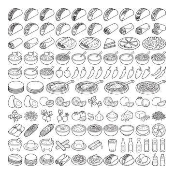 Mexican food line icons set, 100 hand drawn mexican cuisine elements, black and white taco and burrito vector illustrations for restaurant menus
