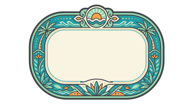 Vintage tropical border frame with palm trees and ocean sunset illustration