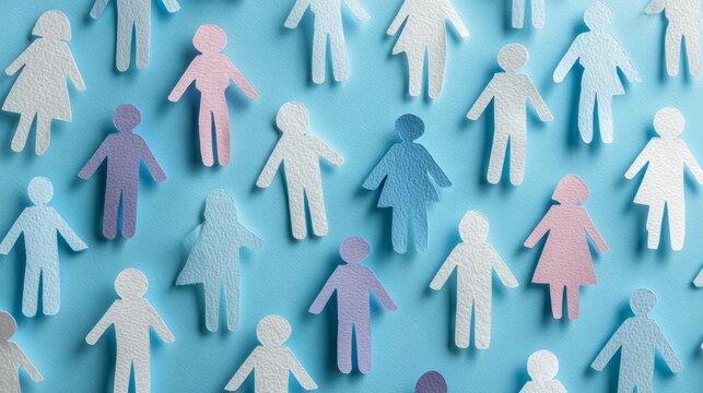 Many different paper human figures on light blue background representing diversity, inclusion, equality, unity, multicultural community, social inclusion, teamwork, belonging, equal opportunity, human