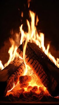Warm fire burning on wooden logs in a dark fireplace creating a cozy winter atmosphere
