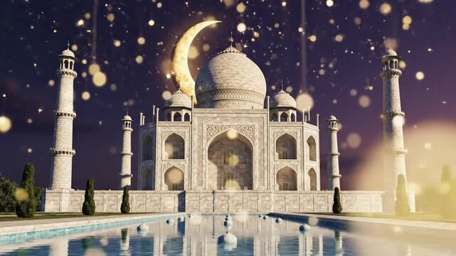 Taj Mahal illuminated at night with crescent moon and sparkling bokeh lights reflecting in a serene pool