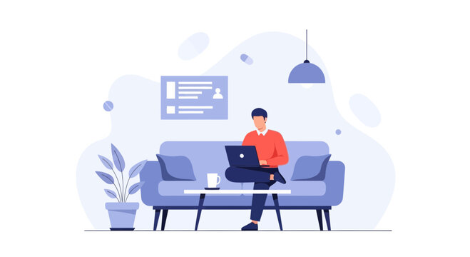 Man working on laptop on sofa in modern living room with plant and minimalist decor, concept of remote work and freelancing