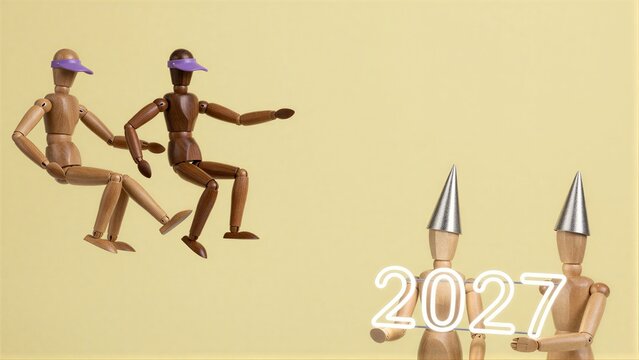 Wooden figures leap ahead, leaving 2027 behind in silver cones.