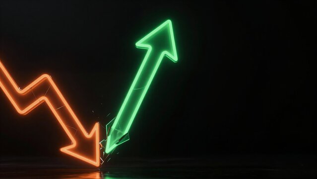 Neon green arrow rises, orange downward trend shatters beneath it.
