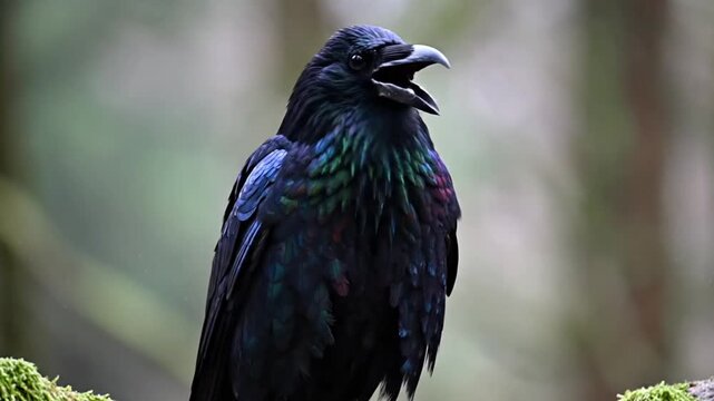 Magnificent raven with iridescent feathers perched on a mossy branch and vocalizing in a natural forest environment