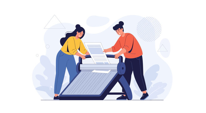 Two people operating a large format printer or plotter, teamwork in office, modern vector illustration