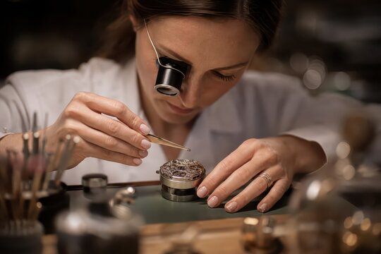 Generative AI, Female watchmaker assembling a luxury timepiece with precision tools