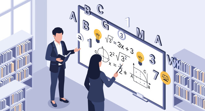Teacher and student learning math equations on a whiteboard.