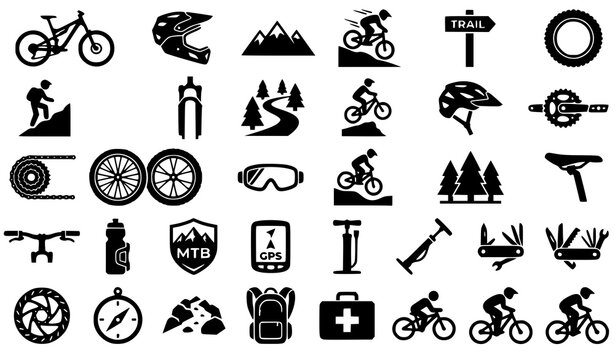 Mountain Biking Black Icon Set Outdoor Cycling Vector Collection