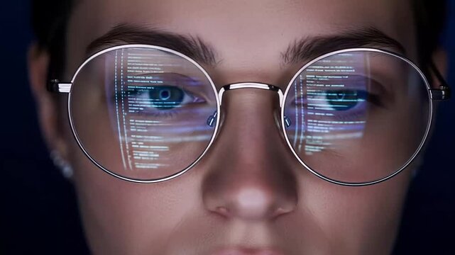 Woman wearing glasses with computer code reflection in eyes