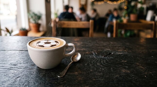 Close-up of a hot cup of coffee with creative soccer ball latte art on a dark wooden table, blurred coffee shop background with warm bokeh lighting.
