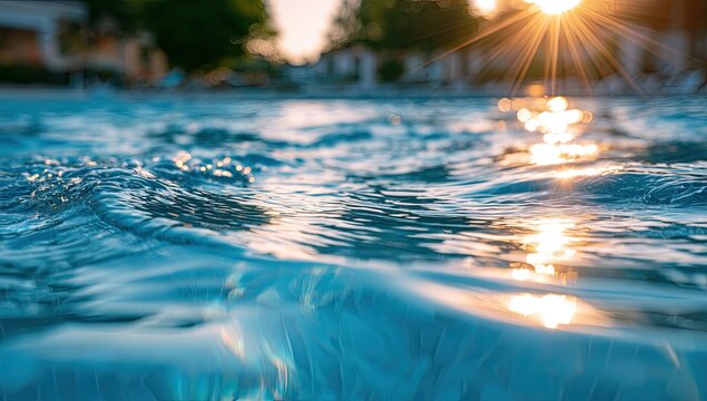 Sun gleams on rippling water, highlighting tiled pool bottom