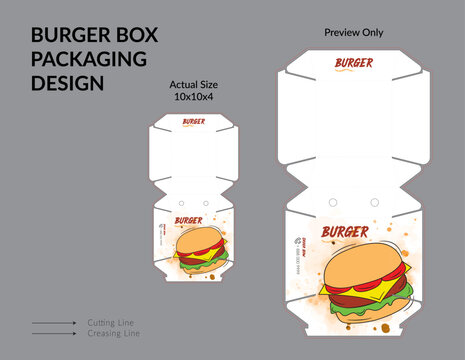 Burger Box Packaging Die Cut Template for Fast Food Takeaway, Printable Food Container Packaging Design Vector