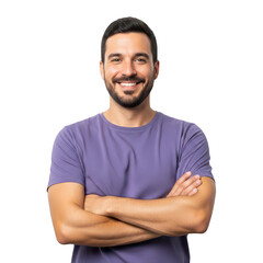 Obraz premium Happy smiling man with a beard wearing a purple t-shirt isolated on transparent background
