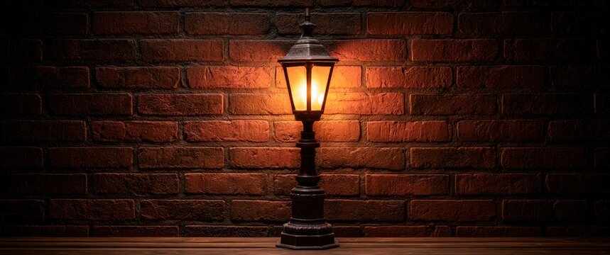 Ornate lamp casts warm glow on brick wall