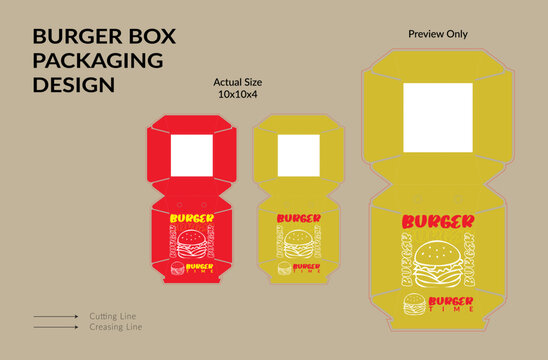 Burger Box Packaging Design Template with Die Cut Layout, Foldable Fast Food Carton Vector