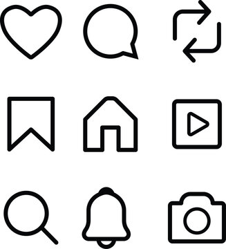 Social media user interface line icons set including like comment share save notification profile search and repost linear outline vectors