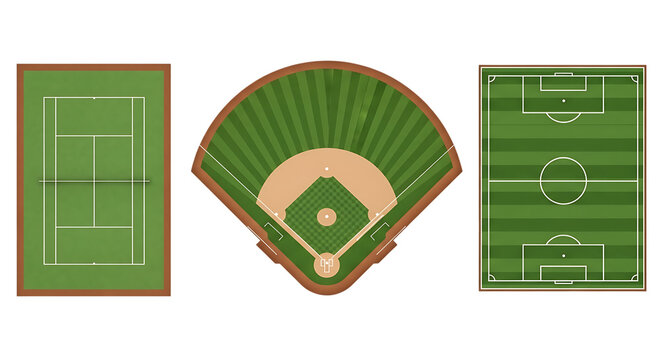 Aerial views of a tennis court baseball field and soccer pitch on transparent background view sport sports