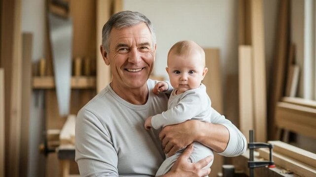 Senior grandfather holding baby grandson in carpentry workshop, multi-generational family bonding, woodworking hobby, retirement lifestyle, nurturing care, indoor portrait