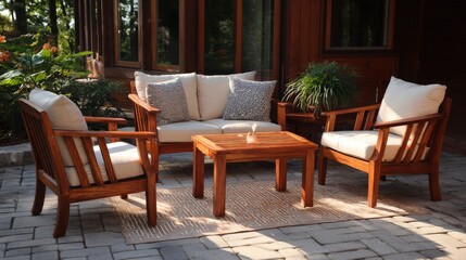 Fototapeta premium Elegant wooden patio furniture set with comfortable cushioned chairs and matching table on a stylish outdoor terrace, inviting backyard seating arrangement for relaxing, entertaining guests, modern ga