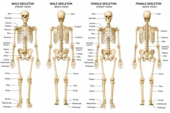 Anatomical study showing male and female skeletons front and back views