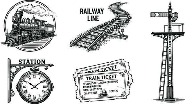 Vintage railway transport and steam train icons set featuring black silhouettes of locomotive railway line signal tower station wall clock and train tickets isolated on white