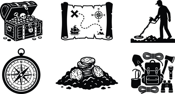 Treasure hunt and metal detecting adventure icons set featuring black silhouettes of treasure chest pirate map compass pile of coins and expedition gear vector isolated on white