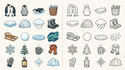 Collection of winter and arctic themed icons and illustrations, including penguins, igloos, snowflakes, and warm clothing. © renender