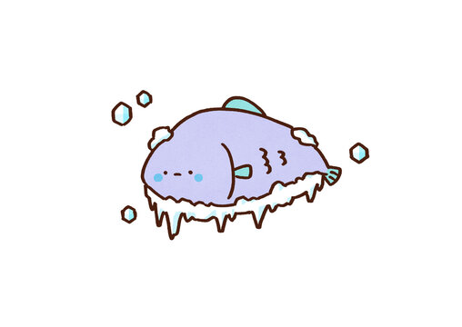 Fish frozen solid in ice, cold fish idiom or emotionless person concept