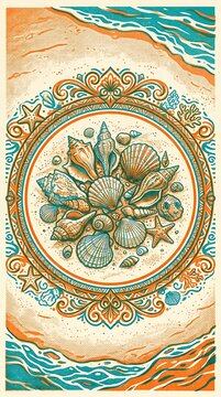 Vintage beach seashells mandala illustration with ocean waves