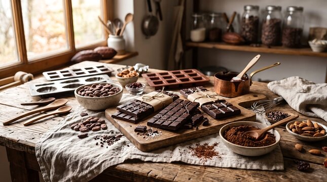 Artisanal dark chocolate bars on a rustic wooden table with cocoa ingredients