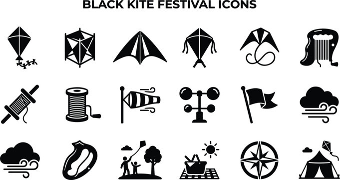 Kite festival and outdoor flying activities icons set featuring black silhouettes of various kites spools windsock anemometer flying people picnic and compass vector isolated on white