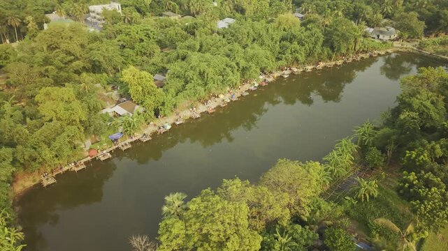 Drone shot moving in a semicircle from one side of the pond to the other, showing a community fishing event, fishing stalls, shoreline activity, and a peaceful rural setting in Bangladesh.