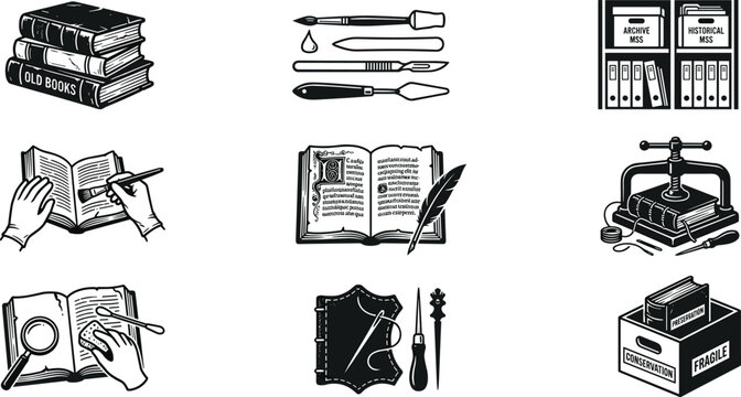 Bookbinding craft and rare book restoration icons set featuring black silhouettes of vintage books repair tools archive shelves manual press leather cover and magnifying glass vector isolated on white