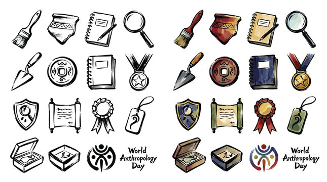 Collection of hand-drawn icons representing anthropology and research tools, including magnifying glass, brush, trowel, books, and awards.