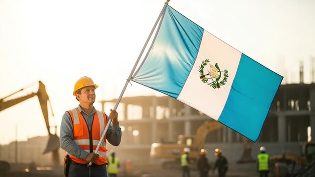 Hispanic construction worker holding Guatemala flag at building site, proud male engineer with safety gear, national pride concept for infrastructure development project