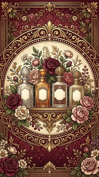 Antique fragrance bottles surrounded by lush roses and gold filigree