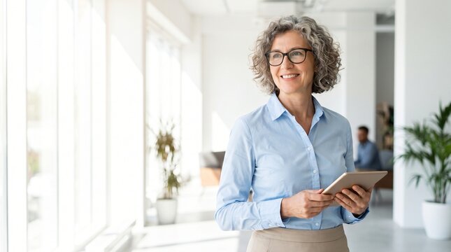 Smiling mature professional business woman bank manager, older happy female executive or lady entrepreneur holding digital tablet pad standing in office at work, looking away at copy space.