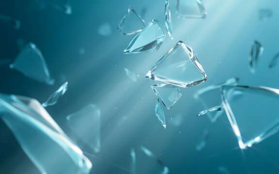 Sharp transparent glass shards floating in mid air with bright light rays on blue background