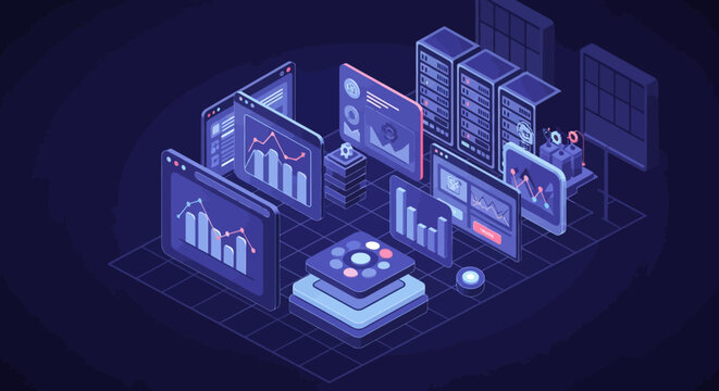 Digital data analysis and technology infrastructure isometric illustration.