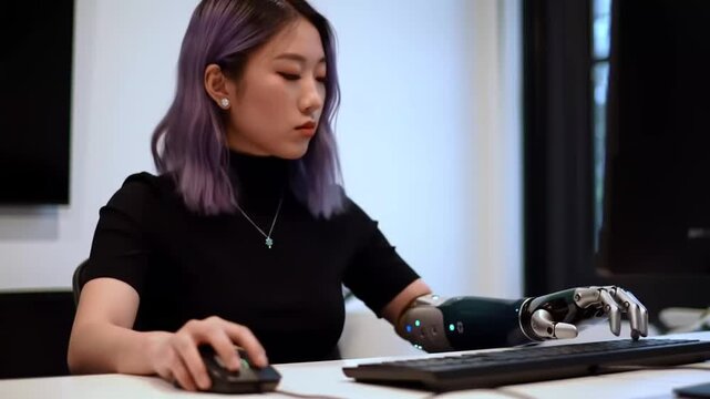 Young woman using robotic prosthetic arm at computer workstation